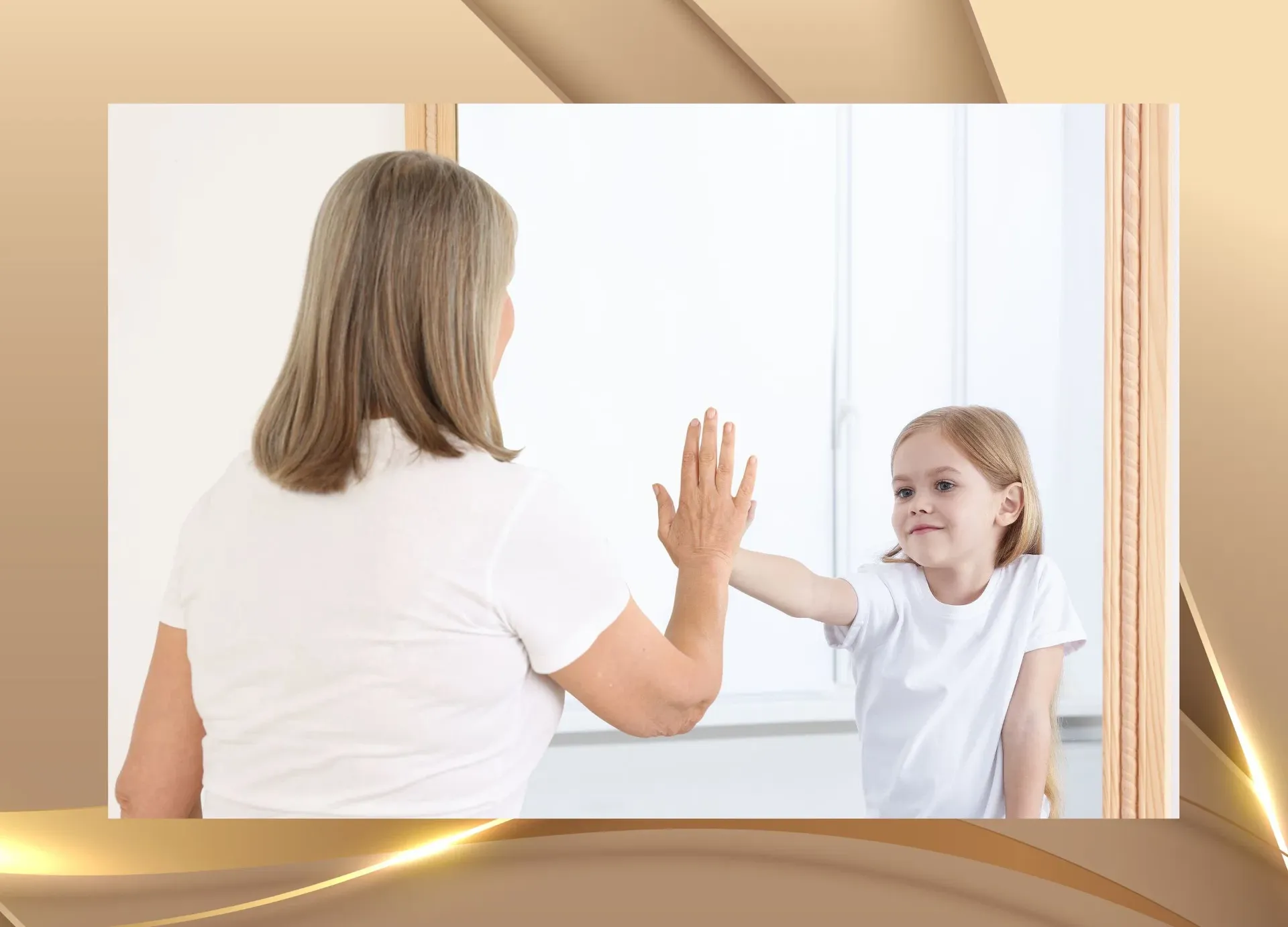 Erwachsene Frau blickt in den Spiegel und begegnet ihrem inneren Kind – Symbol für Vergebungsarbeit und Selbstwertstärkung in der Hypnosetherapie.