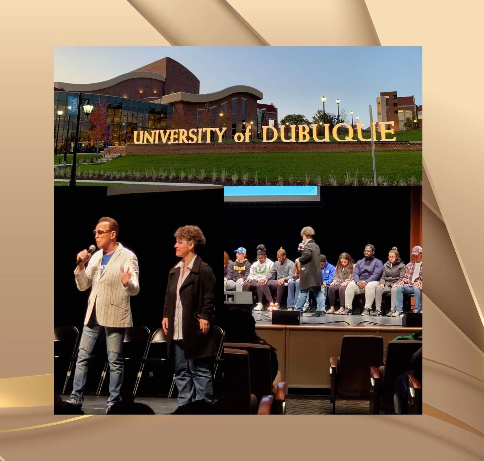 Dr. Jim Wand kündigt Nicole Wackernagel während einer Hypnose-Show an der University of Dubuque 2019 an, bevor sie einen Teil der Live-Demonstration übernimmt.