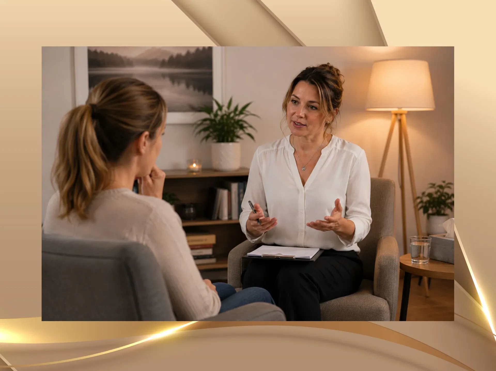 Hypnosetherapeutin nutzt im Gespräch bewusst Körpersprache, Blickkontakt und therapeutische Präsenz, um Vertrauen und Rapport bei der Raucherentwöhnung mit Hypnose aufzubauen.