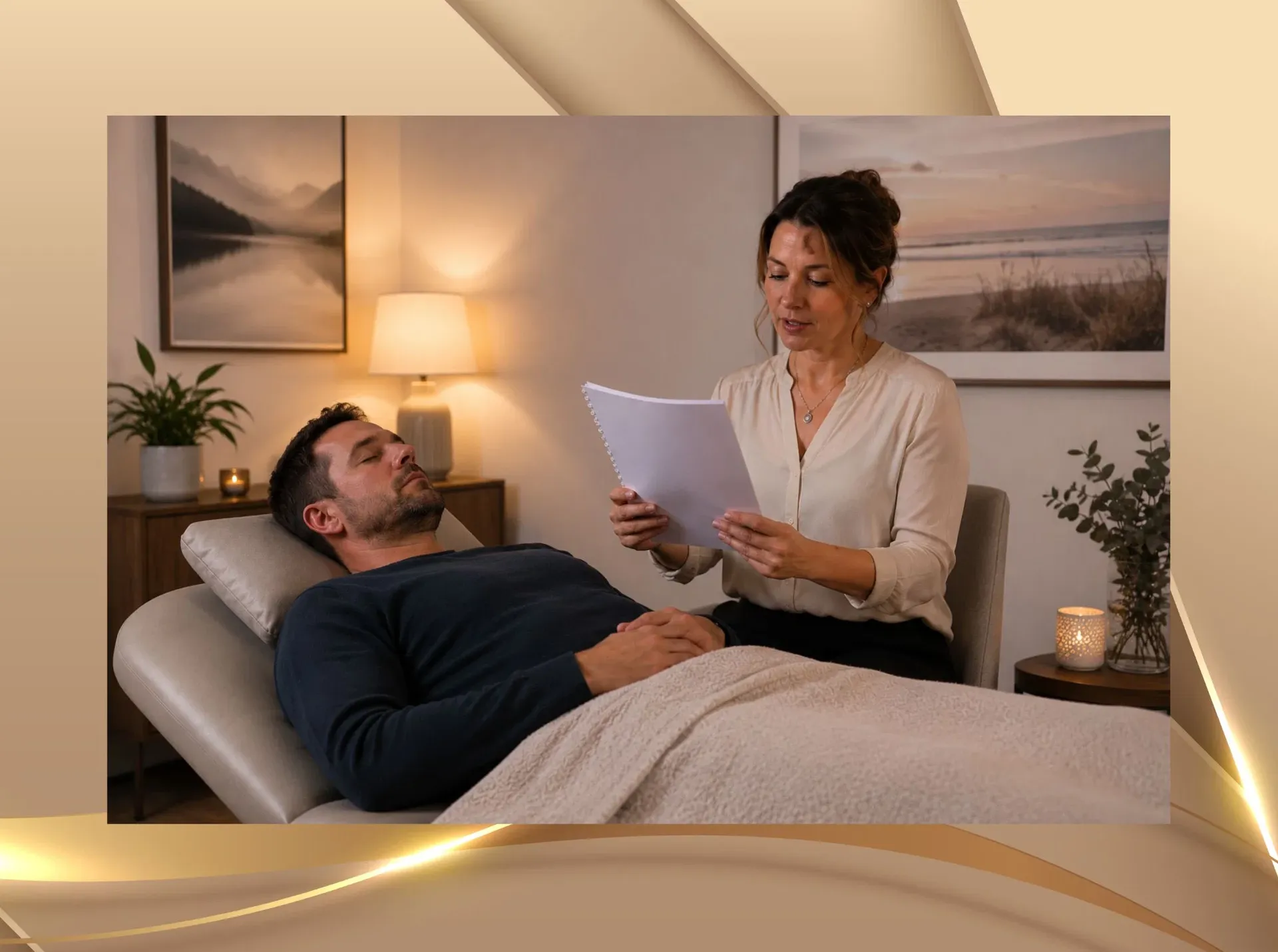 Hypnosetherapeutin liest während einer Hypnosesitzung ein Standardskript vor, während der Klient entspannt auf der Therapieliege liegt.