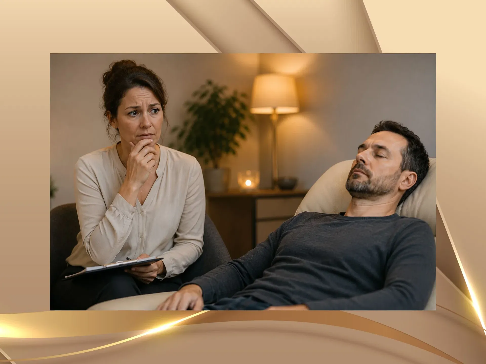 Unsichere Hypnosetherapeutin während einer Sitzung zur Raucherentwöhnung mit Hypnose, während der Klient entspannt mit geschlossenen Augen in Trance liegt.
