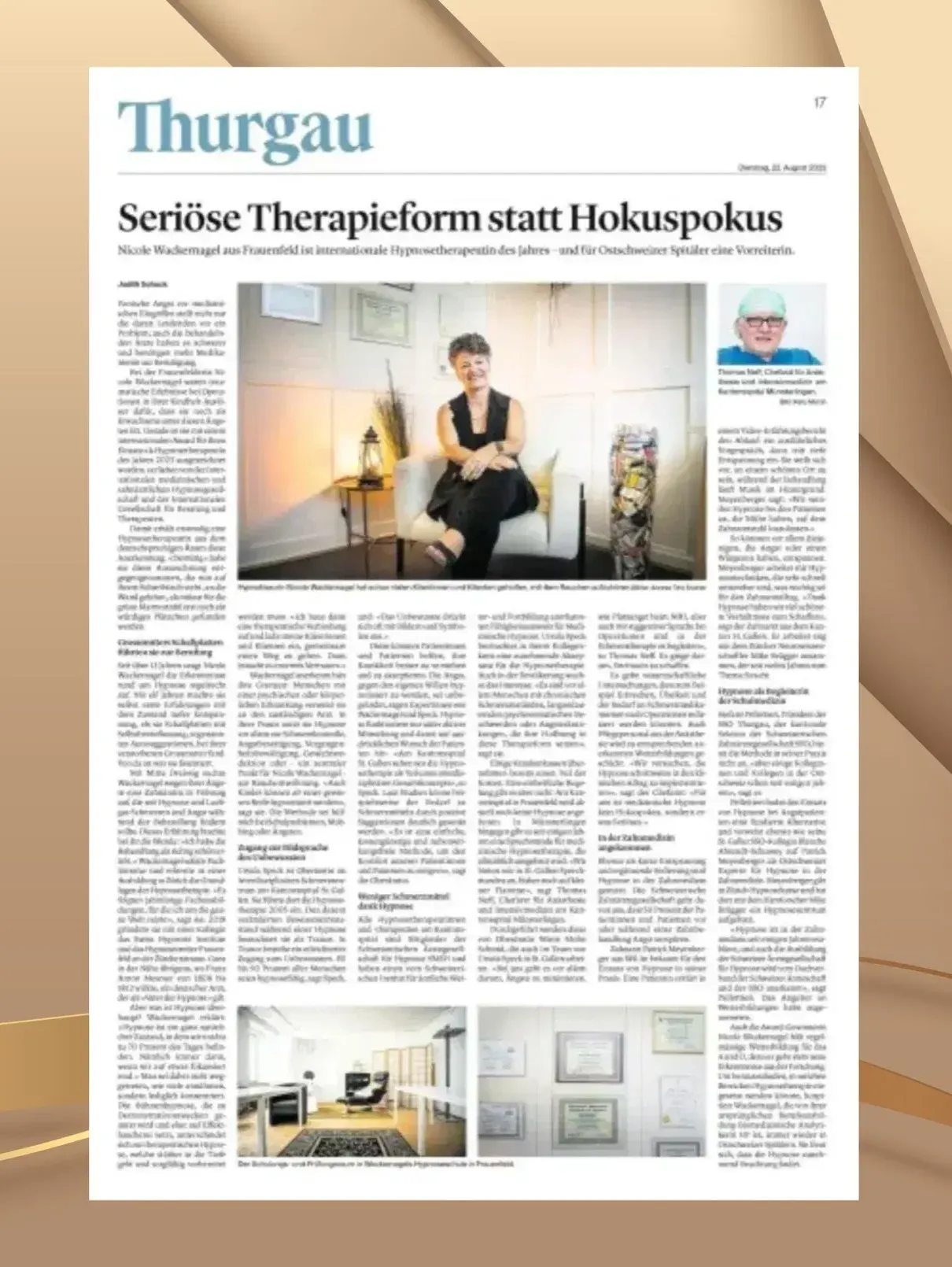 Zeitungsbericht der Thurgauer Zeitung über die internationale Auszeichnung von Nicole Wackernagel als Hypnotherapist of the Year 2023.