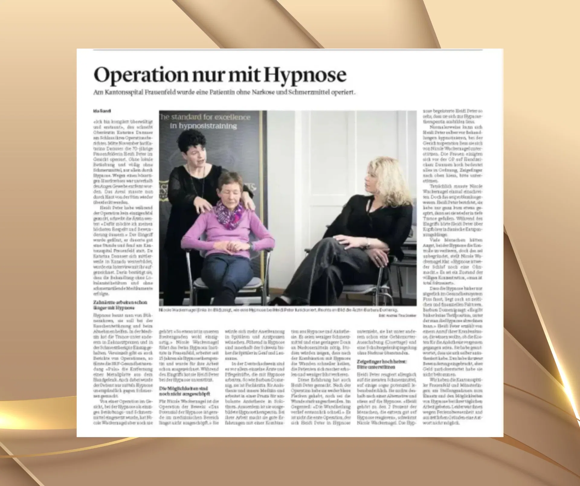 Zeitungsbericht der Thurgauer Zeitung über eine Gesichtsoperation unter medizinischer Hypnose ohne Vollnarkose mit Begleitung durch Nicole Wackernagel.